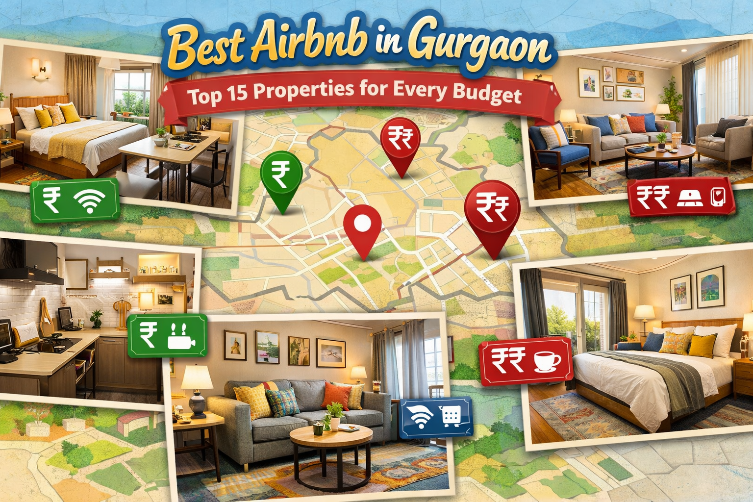 An inviting collage of various Airbnb interiors in Gurgaon, showcasing diverse styles from budget-friendly cozy studios to mid-range stylish