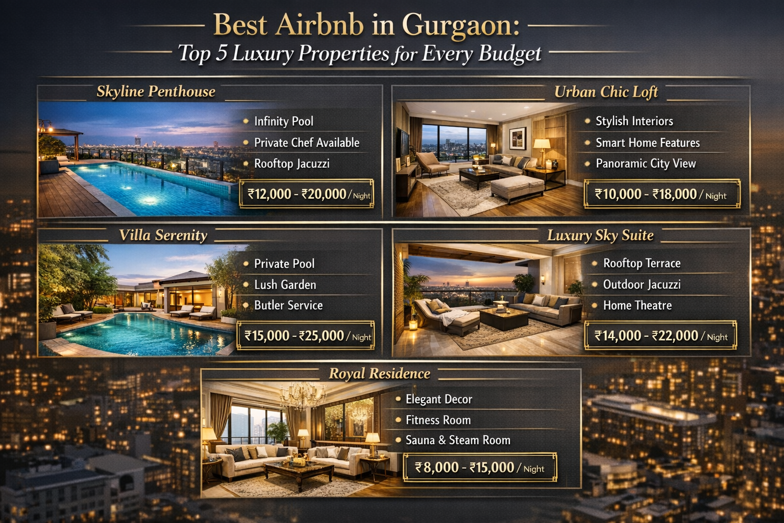 A dynamic infographic detailing the top 5 premium and luxury Airbnb properties in Gurgaon, using high-resolution images of each property's m