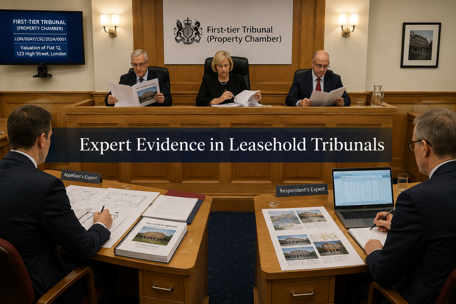Detailed () editorial illustration showing a formal First-tier Tribunal (Property Chamber) hearing room interior: a wooden