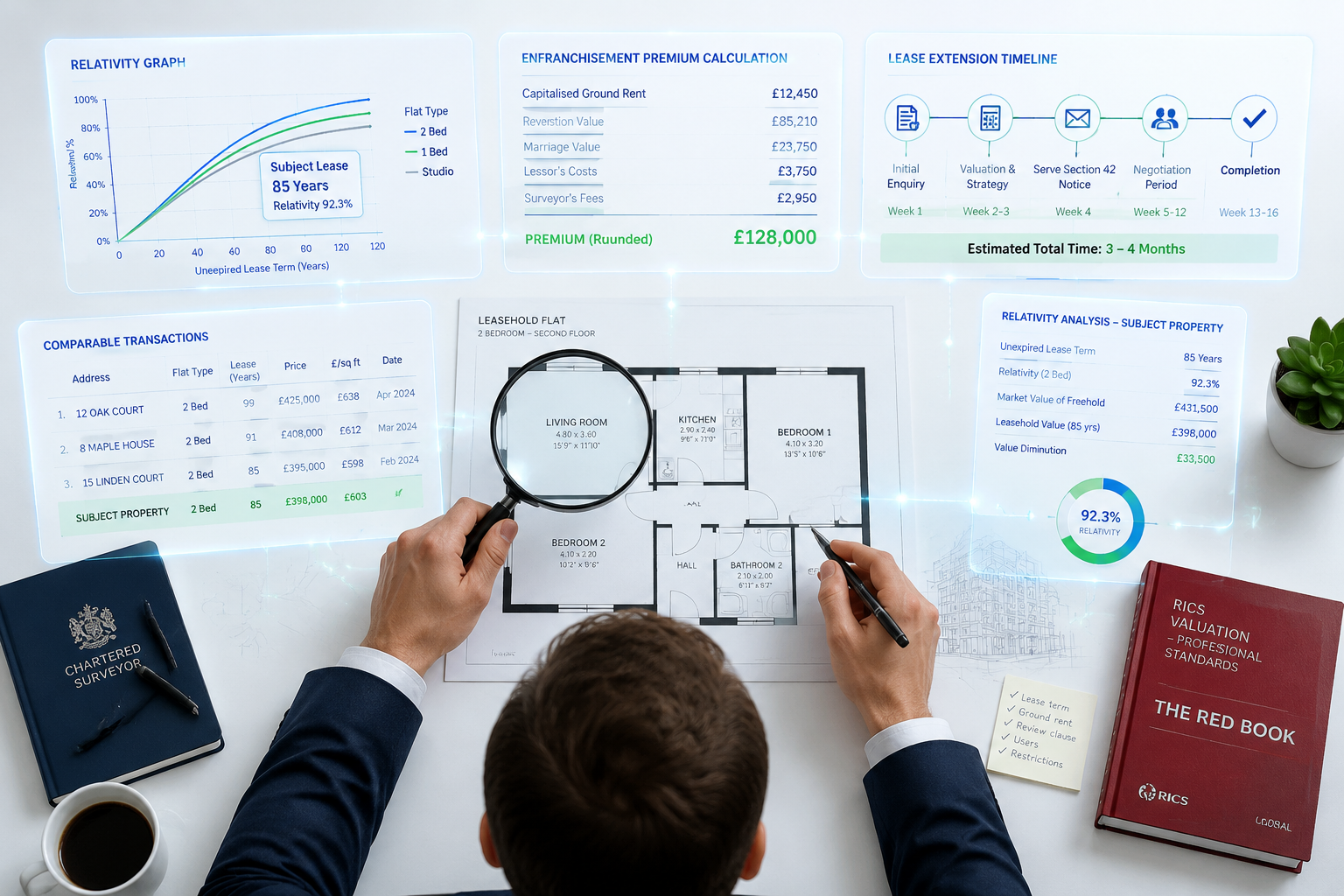 Detailed () infographic-style image showing a chartered surveyor at a desk examining a leasehold flat floor plan with a