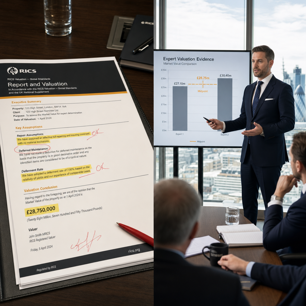 Detailed () split-composition image: left half shows a close-up of a RICS-compliant valuation report with highlighted