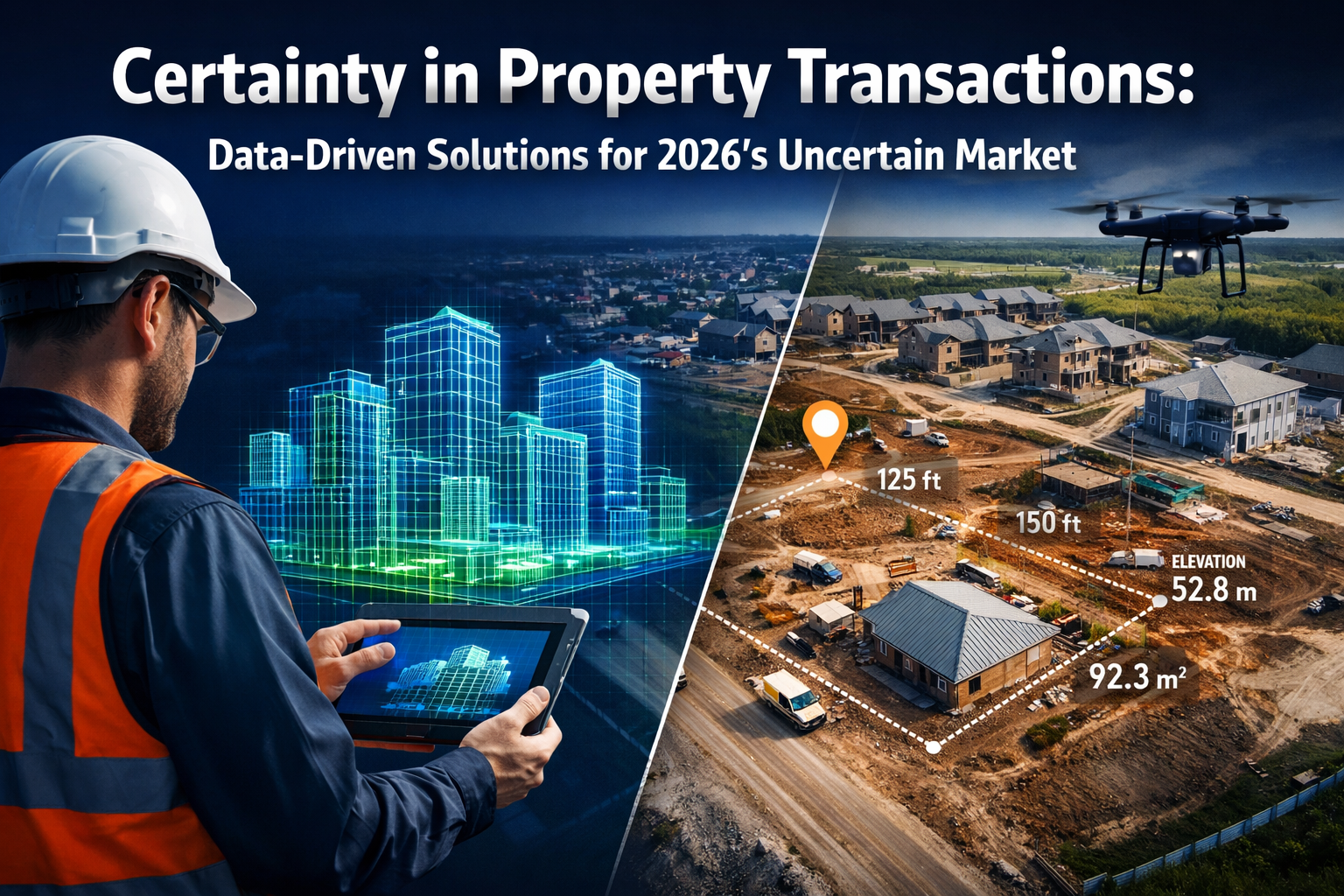 Professional () magazine-style hero image featuring 'Certainty in Property Transactions: Data-Driven Solutions for 2026's