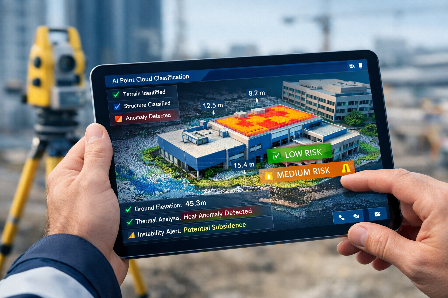 Detailed () editorial image showing close-up of professional surveyor's hands holding modern tablet displaying interactive