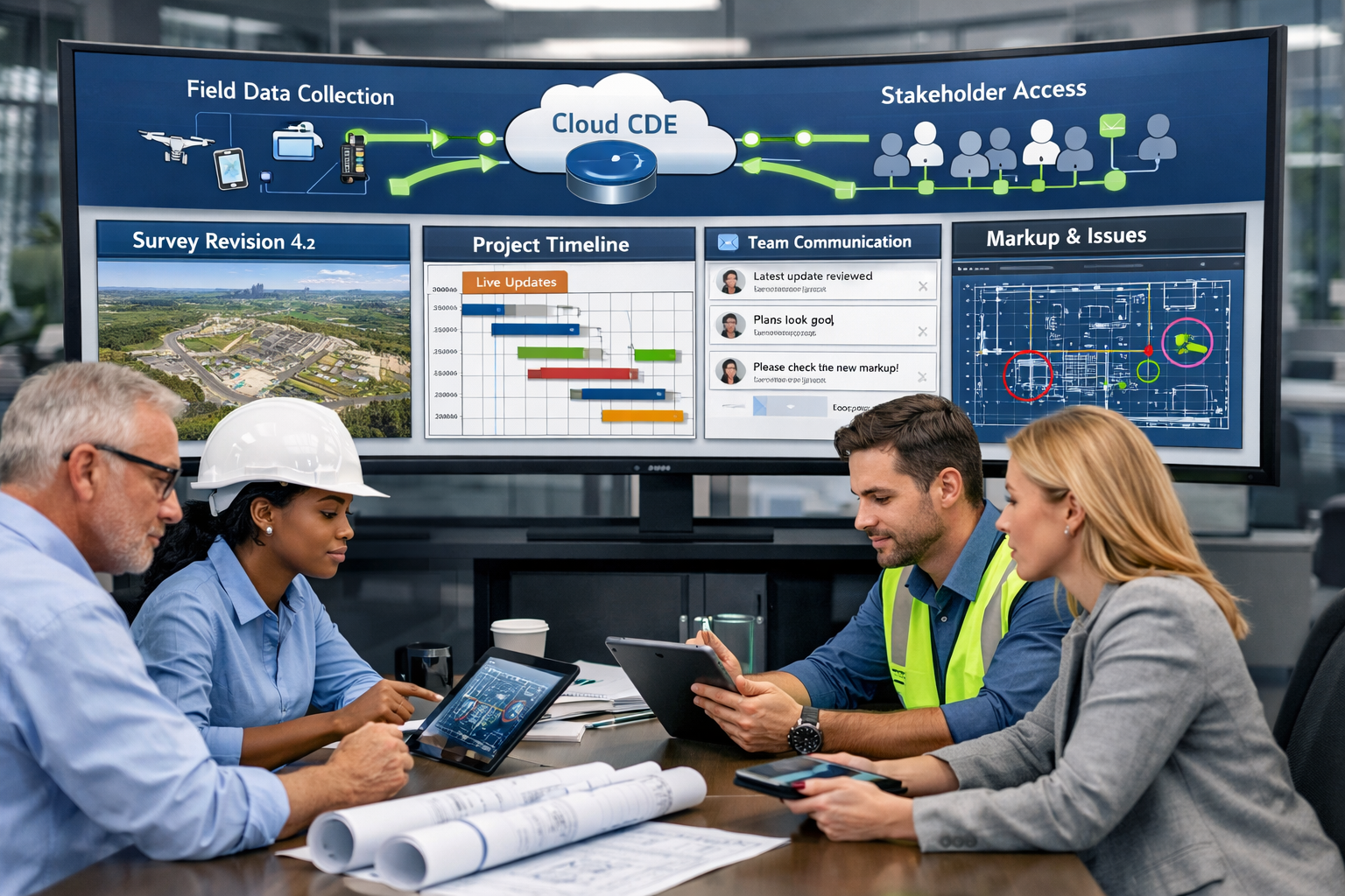Wide-angle () professional photograph of modern office environment showing large curved monitor displaying cloud-based