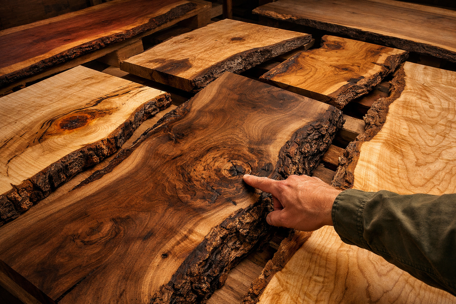 A detailed landscape format (1536x1024) image for the 'Selecting the Perfect Live Edge Slab' section. It should depict various live edge woo