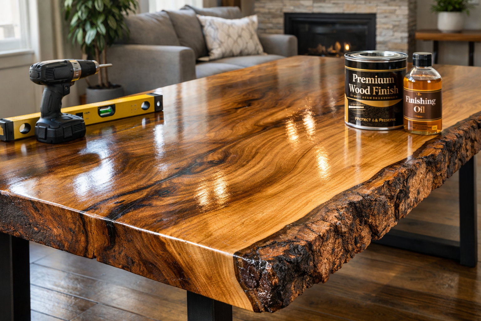 A detailed landscape format (1536x1024) image for the 'Finishing and Installation: Preserving Your Live Edge Showpiece' section. This image 