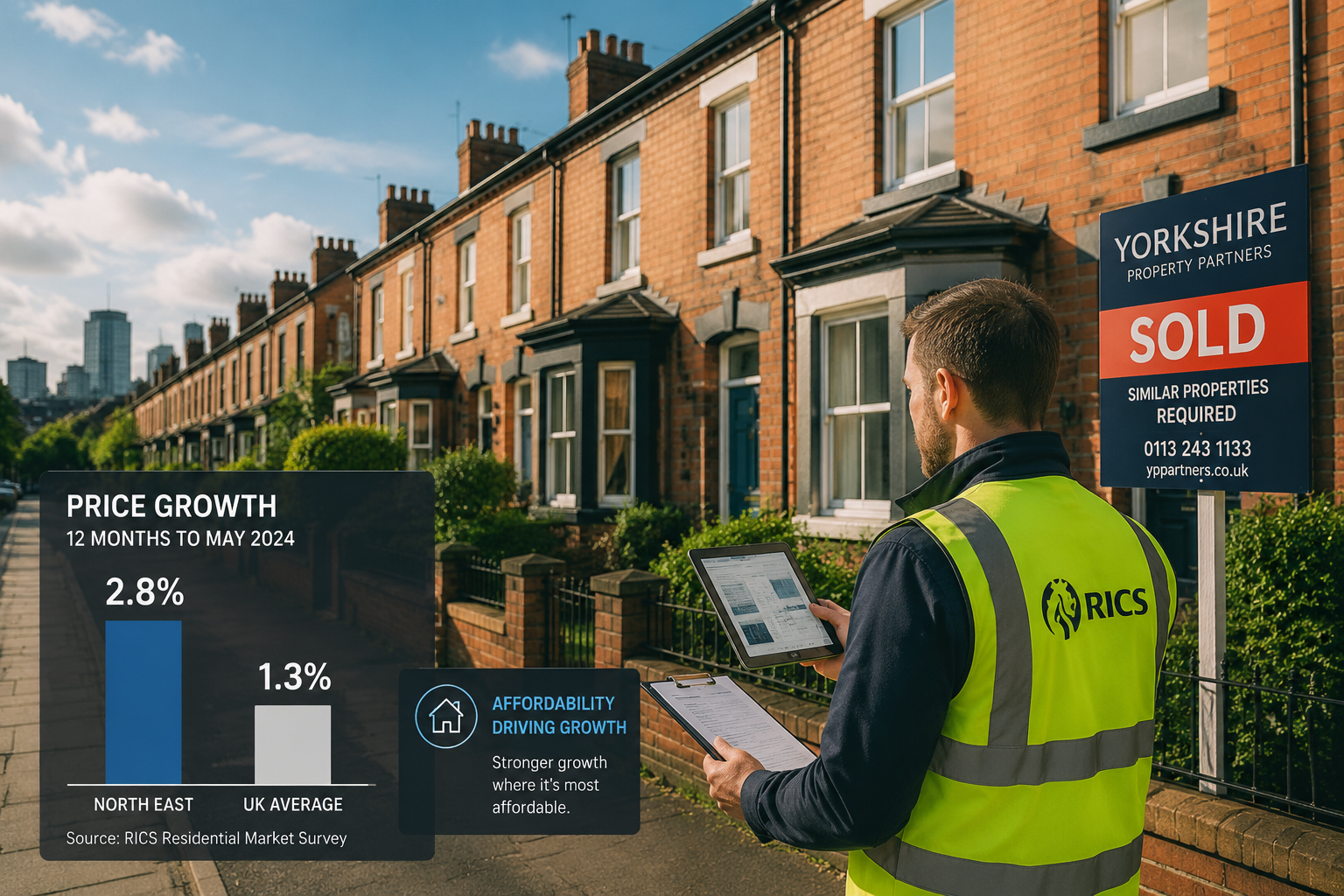 Wide-angle street-level photograph of a row of traditional Northern English terraced houses in Leeds or Manchester with a