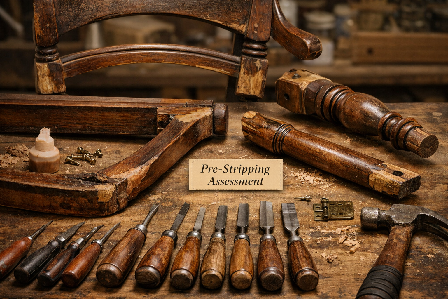 A close-up, with various hand tools (screwdrivers, chisels, mallets) laid out neatly on a workbench. The chair parts are