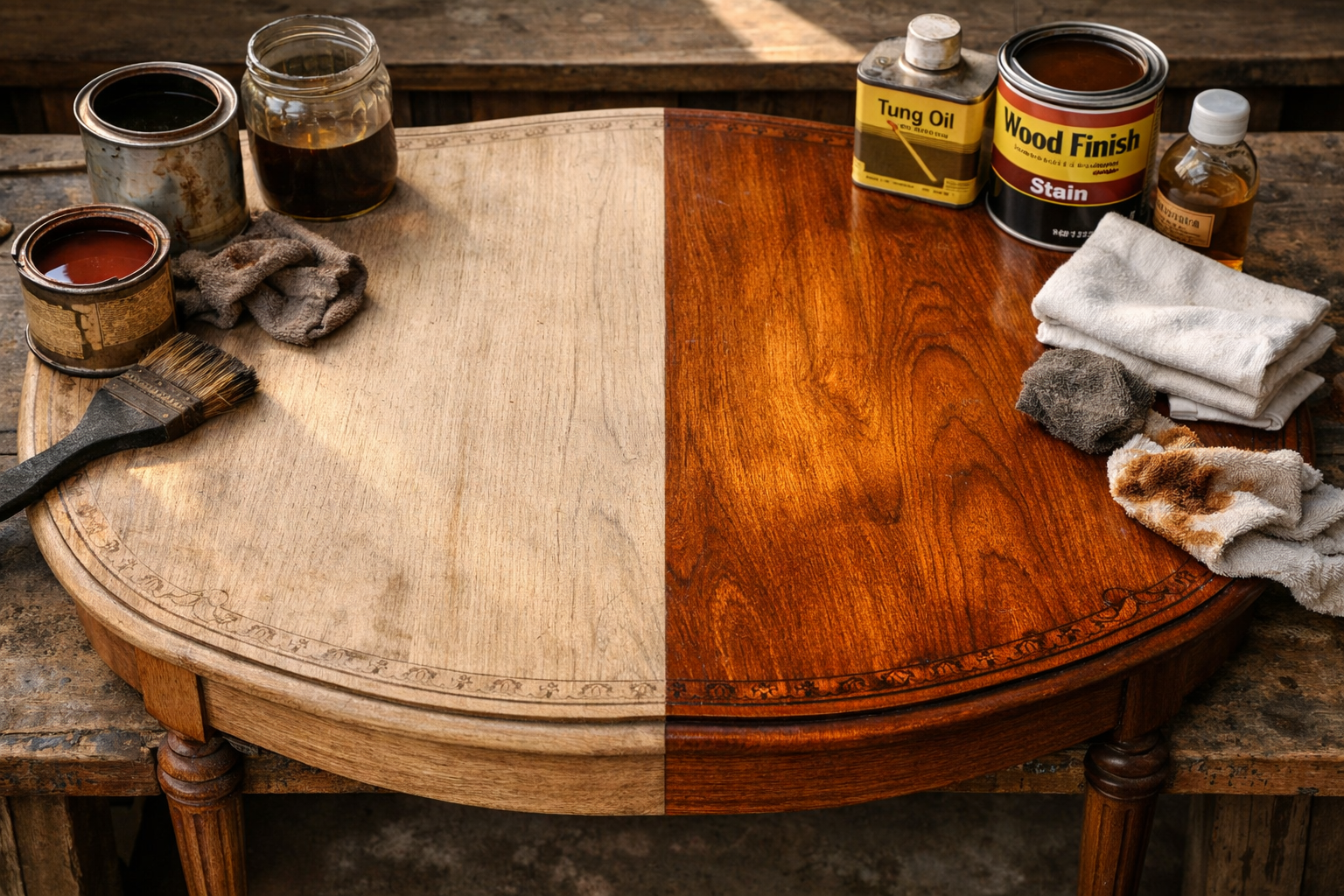 A compelling landscape image () illustrating the dramatic transformation during the finishing stages of vintage furniture