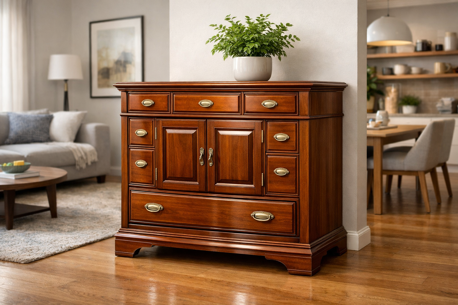 An engaging landscape image () featuring a fully restored and refinished vintage wooden cabinet placed in a modern, well-lit