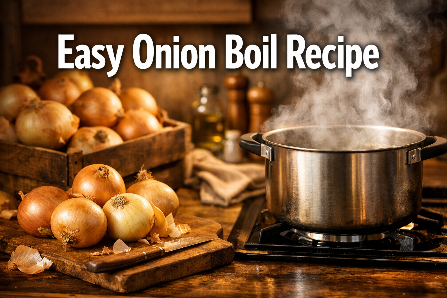 Professional landscape hero image (1536x1024) featuring bold text overlay 'Easy Onion Boil Recipe' in extra large 72pt white sans-serif font