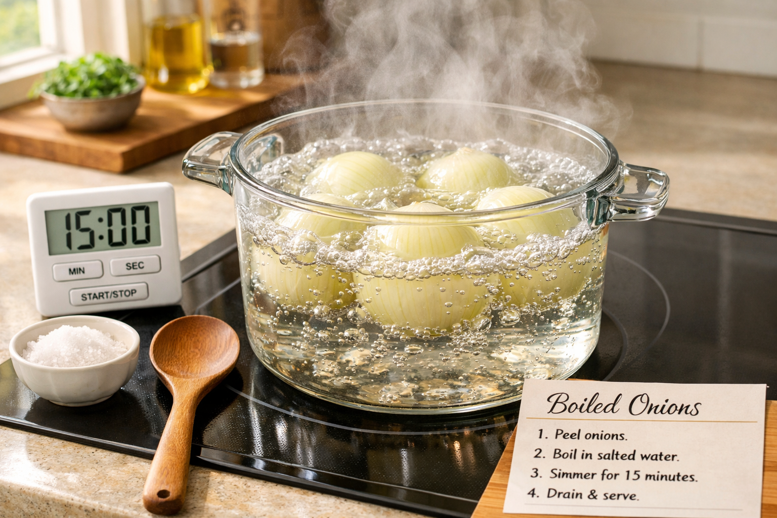 Detailed landscape image (1536x1024) showing step-by-step onion boiling process with peeled yellow onions in clear glass pot filled with bub