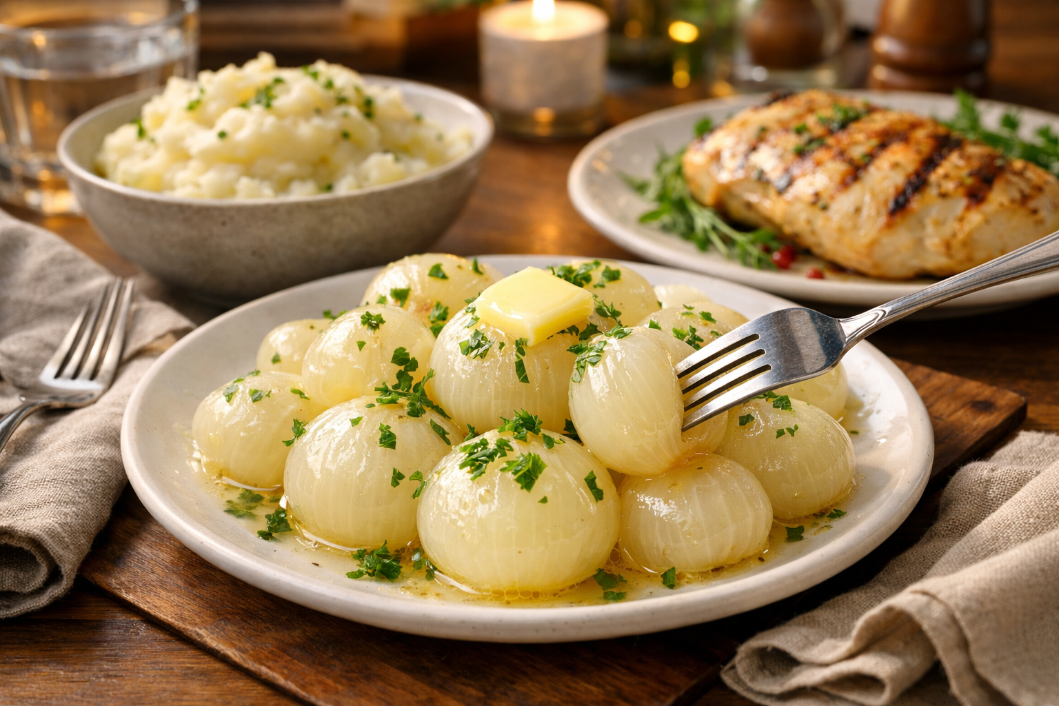 Landscape image (1536x1024) displaying perfectly cooked tender boiled onions on white ceramic plate with fork testing softness, small pat of