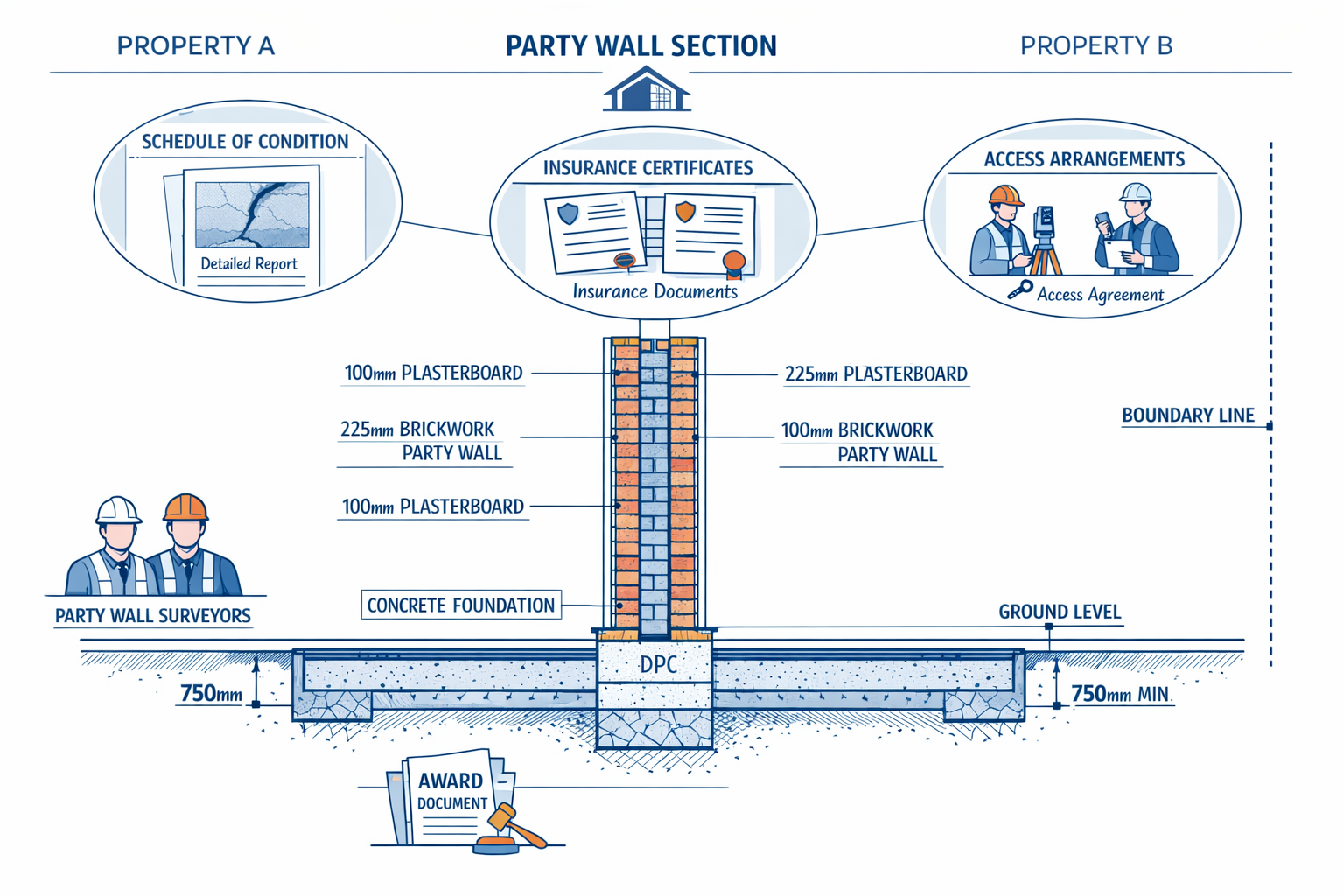() detailed illustration showing cross-section view of party wall structure between two adjoining properties with labeled