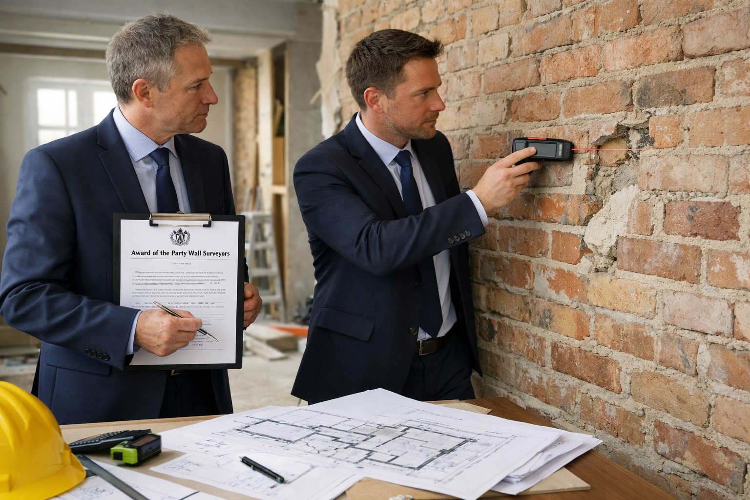 () professional photograph of two chartered surveyors in business attire conducting property inspection at shared wall