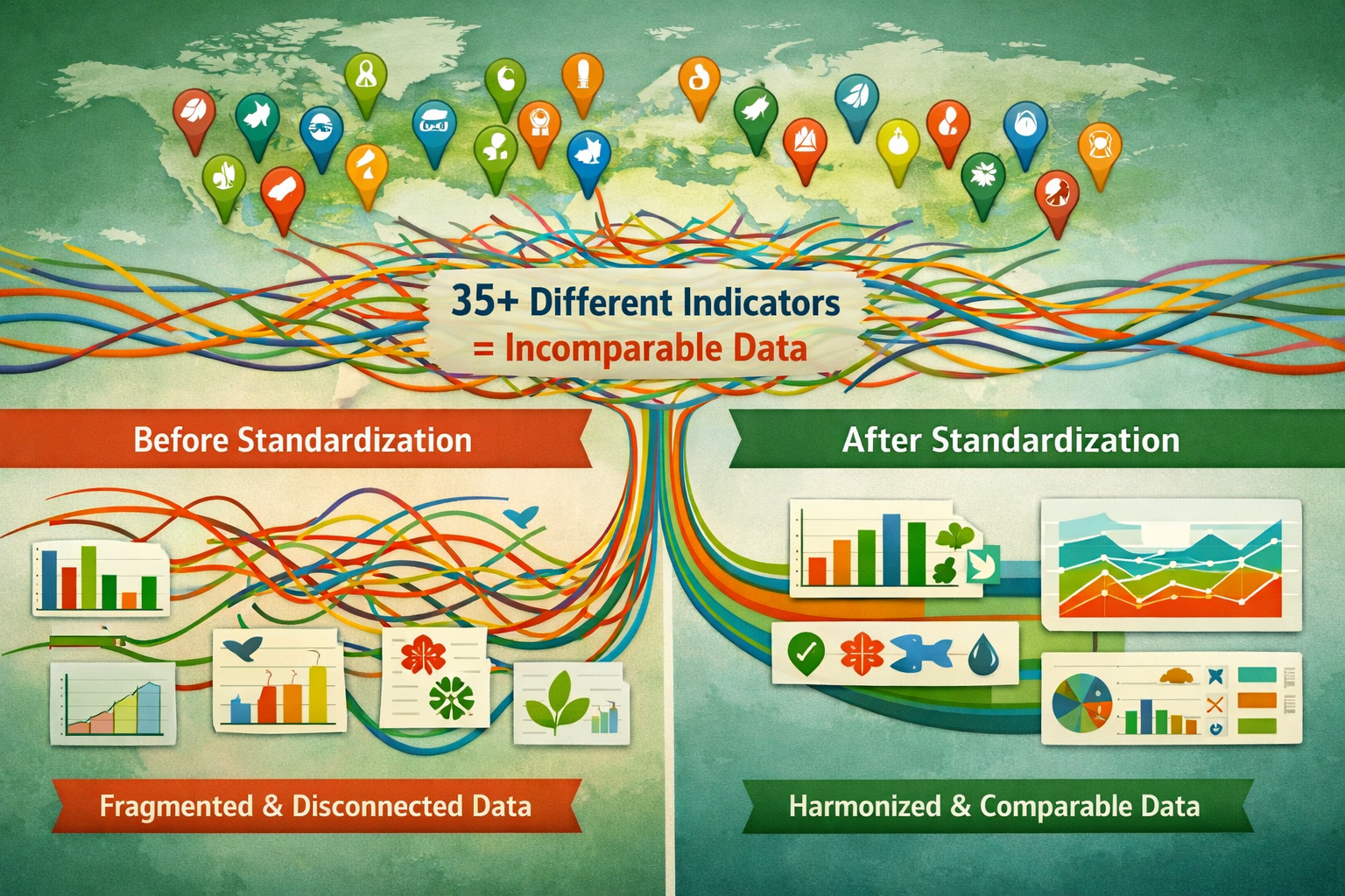 Detailed landscape format (1536x1024) infographic illustration showing the fragmentation problem in biodiversity monitoring, featuring a wor