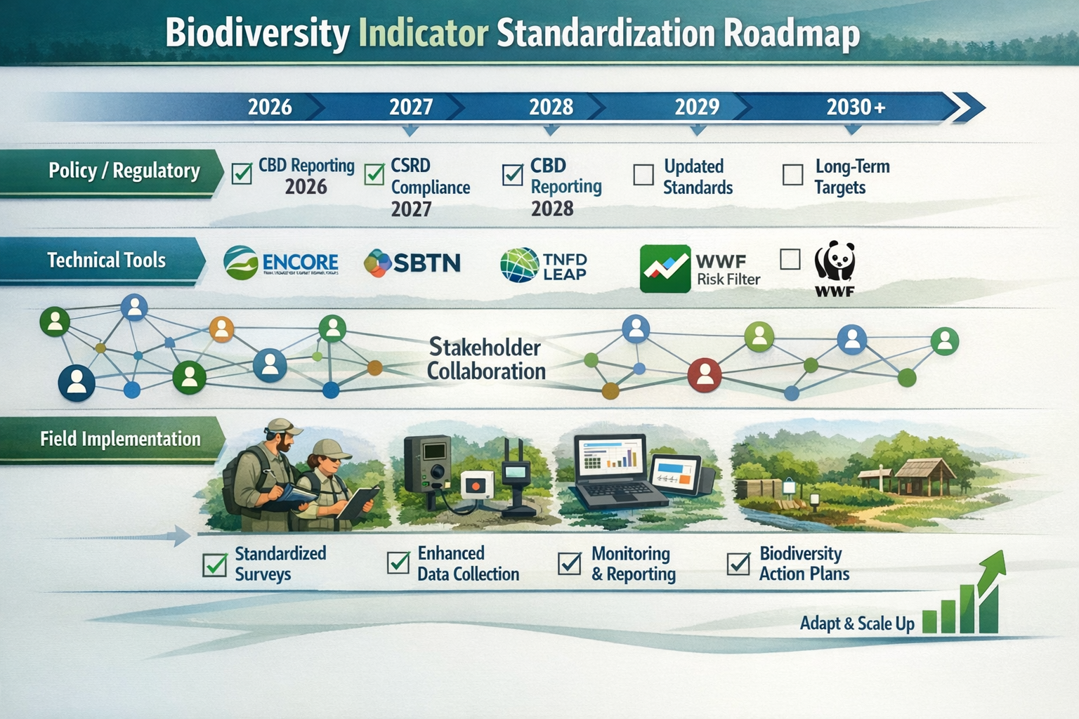 Detailed landscape format (1536x1024) implementation roadmap visualization showing a timeline from 2026 forward with key milestones for biod
