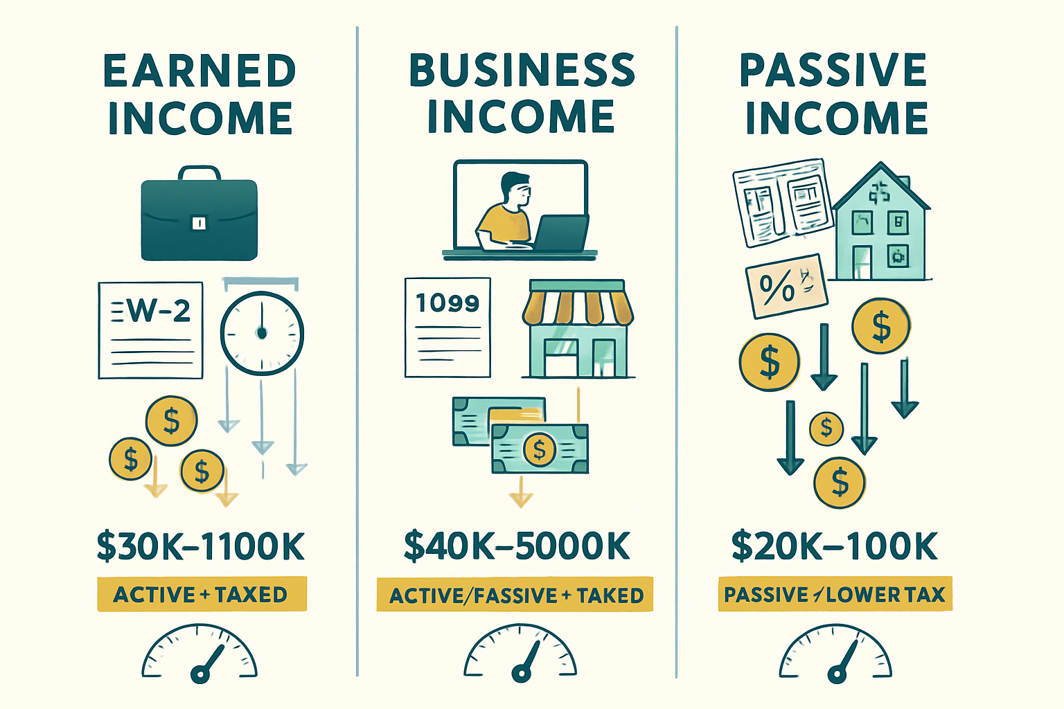 Detailed infographic illustration (1536x1024) showing three distinct income types as vertical columns with icons and data flows. Left column