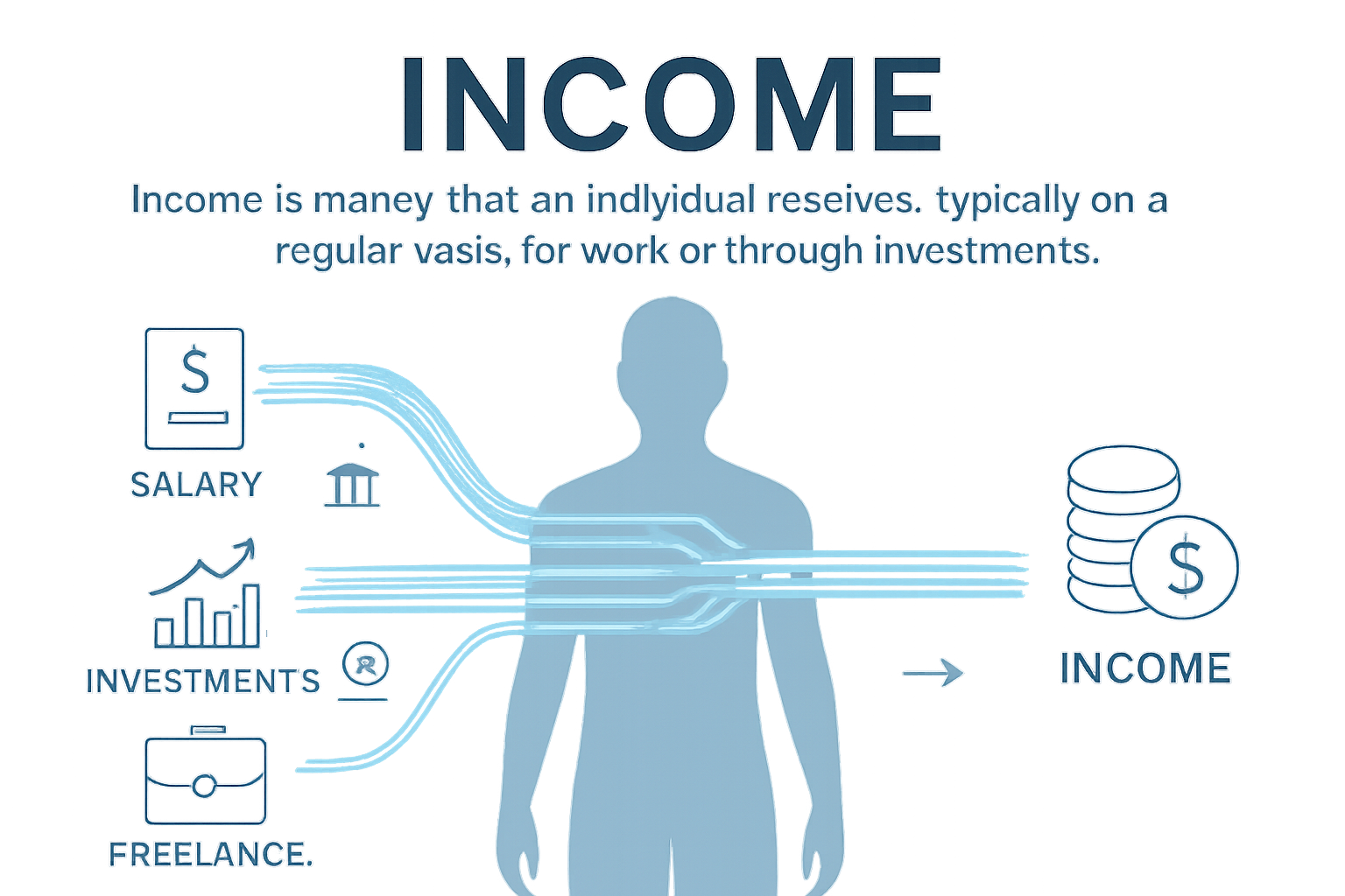 Detailed editorial-style infographic explaining 'Income' in plain English, featuring a central transparent human silhouette with financial f