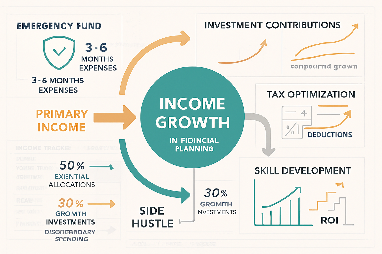 Interactive visual guide (1536x1024) showing income growth integration within complete financial planning framework. Center displays circula
