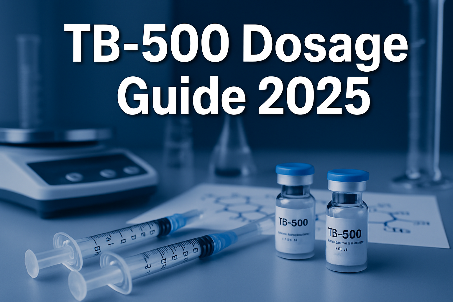 Professional landscape hero image (1536x1024) featuring bold text overlay 'TB-500 Dosage Guide 2025' in extra large 70pt white sans-serif fo