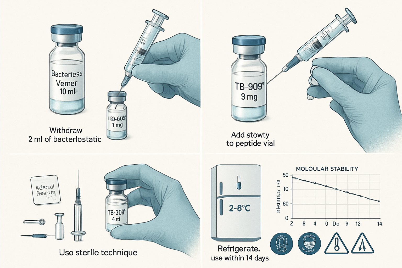 Comprehensive visual guide showing TB-500 reconstitution process with step-by-step illustrations of bacteriostatic water injection into pept