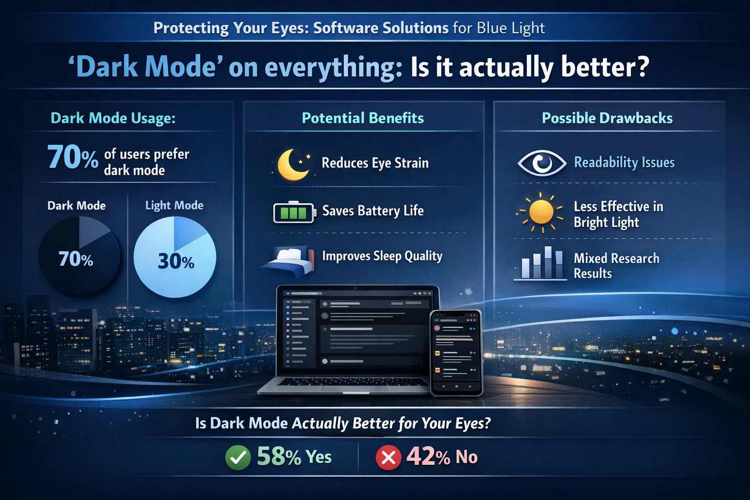Professional landscape infographic (1536x1024) for article "Protecting Your Eyes: Software Solutions for Blue Light", section: ""Dark Mode" 