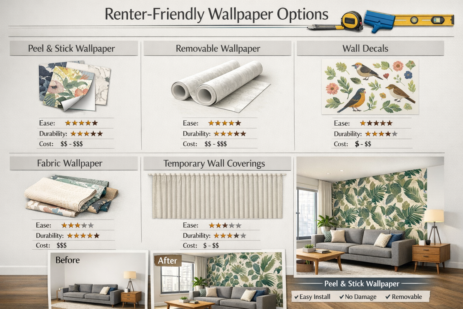 Detailed infographic showing different types of renter-friendly wallpaper options with visual samples: peel-and-stick wallpaper swatches, re