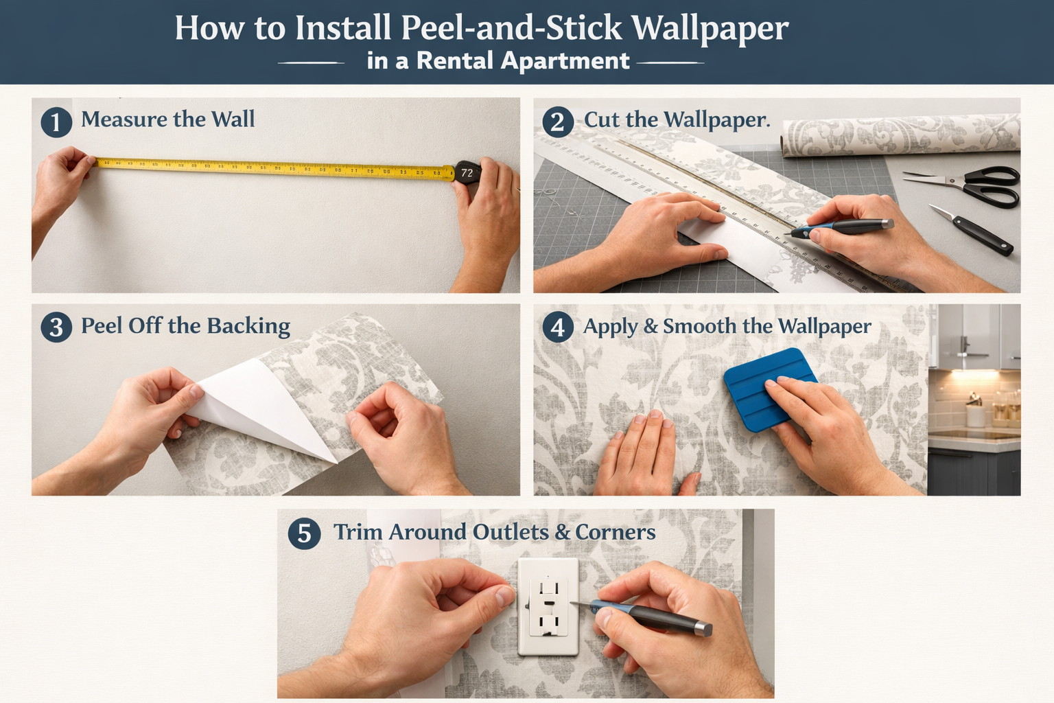 Step-by-step visual guide showing wallpaper installation process in rental apartment: hands measuring wall dimensions with tape measure, cut