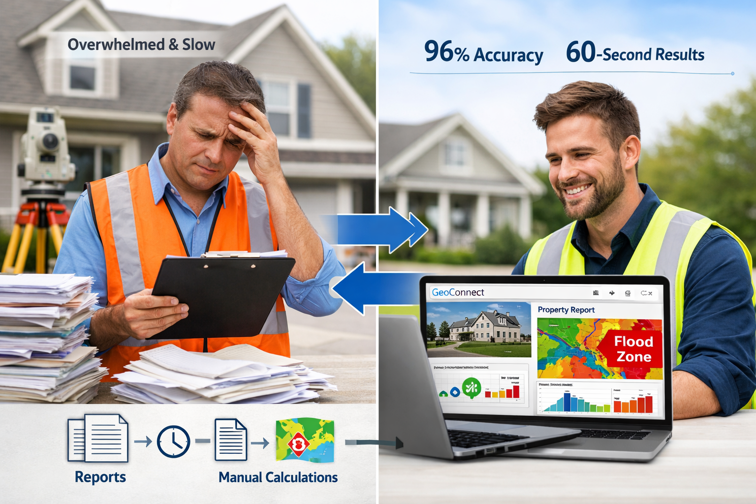 () editorial image showing split-screen comparison: left side displays traditional surveyor with clipboard and paper