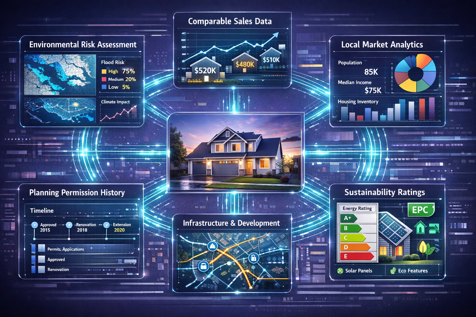 () detailed visualization of comprehensive property data ecosystem showing central property image surrounded by six