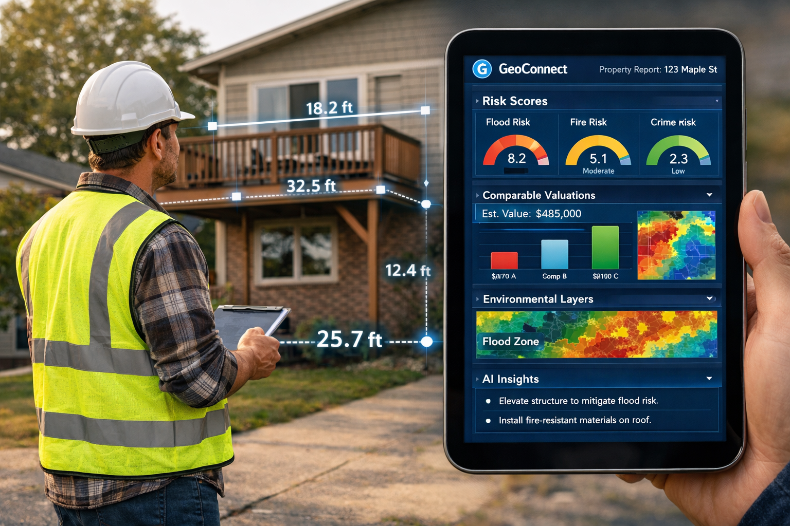 () professional photograph of surveyor conducting site visit while simultaneously referencing tablet showing GeoConnect