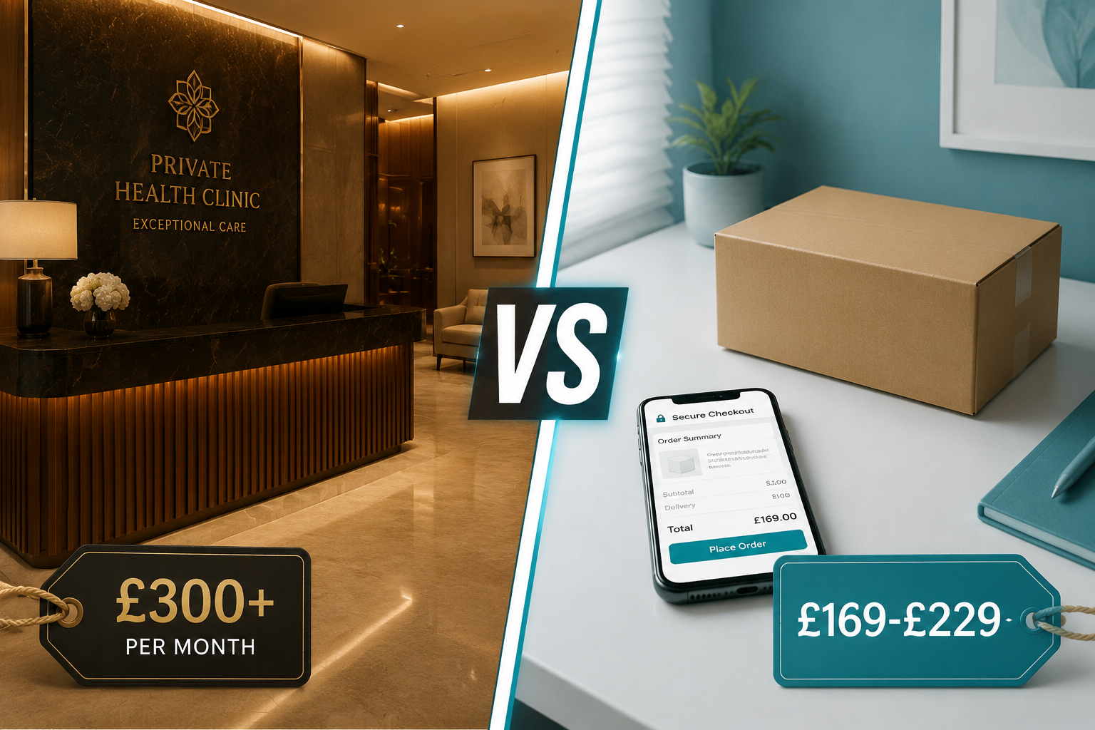 Detailed () split-scene image: left half shows a premium private UK clinic reception with expensive-looking décor and a
