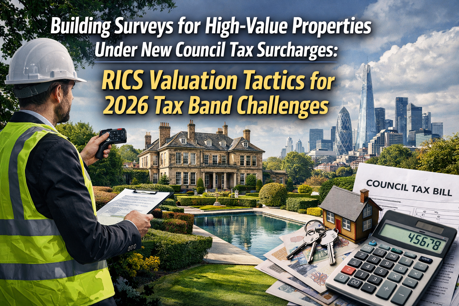 Professional landscape hero image () with : "Building Surveys for High-Value Properties Under New Council Tax Surcharges: