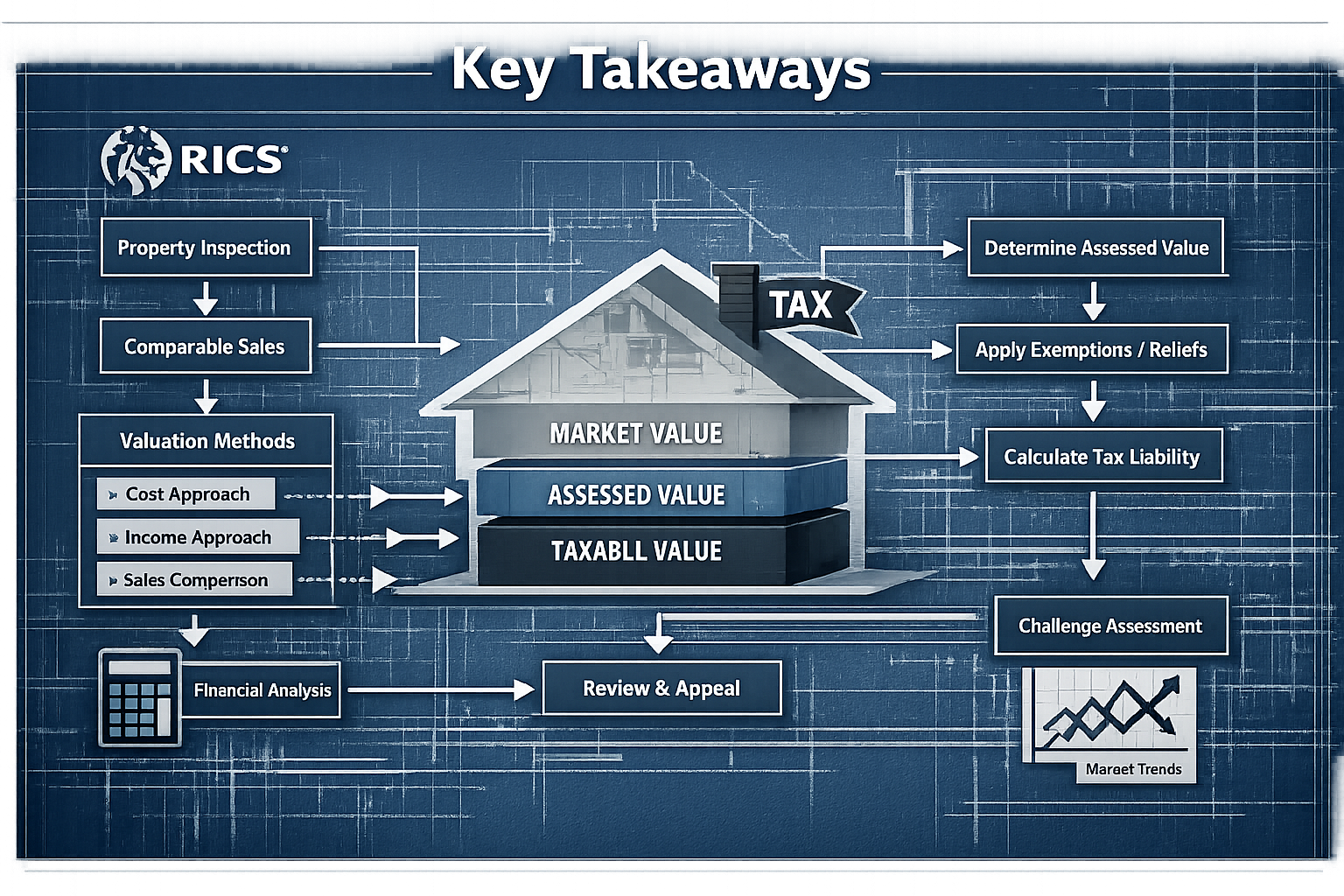 Key Takeaways section infographic with architectural blueprint showing tax valuation process flowchart. Central graphic