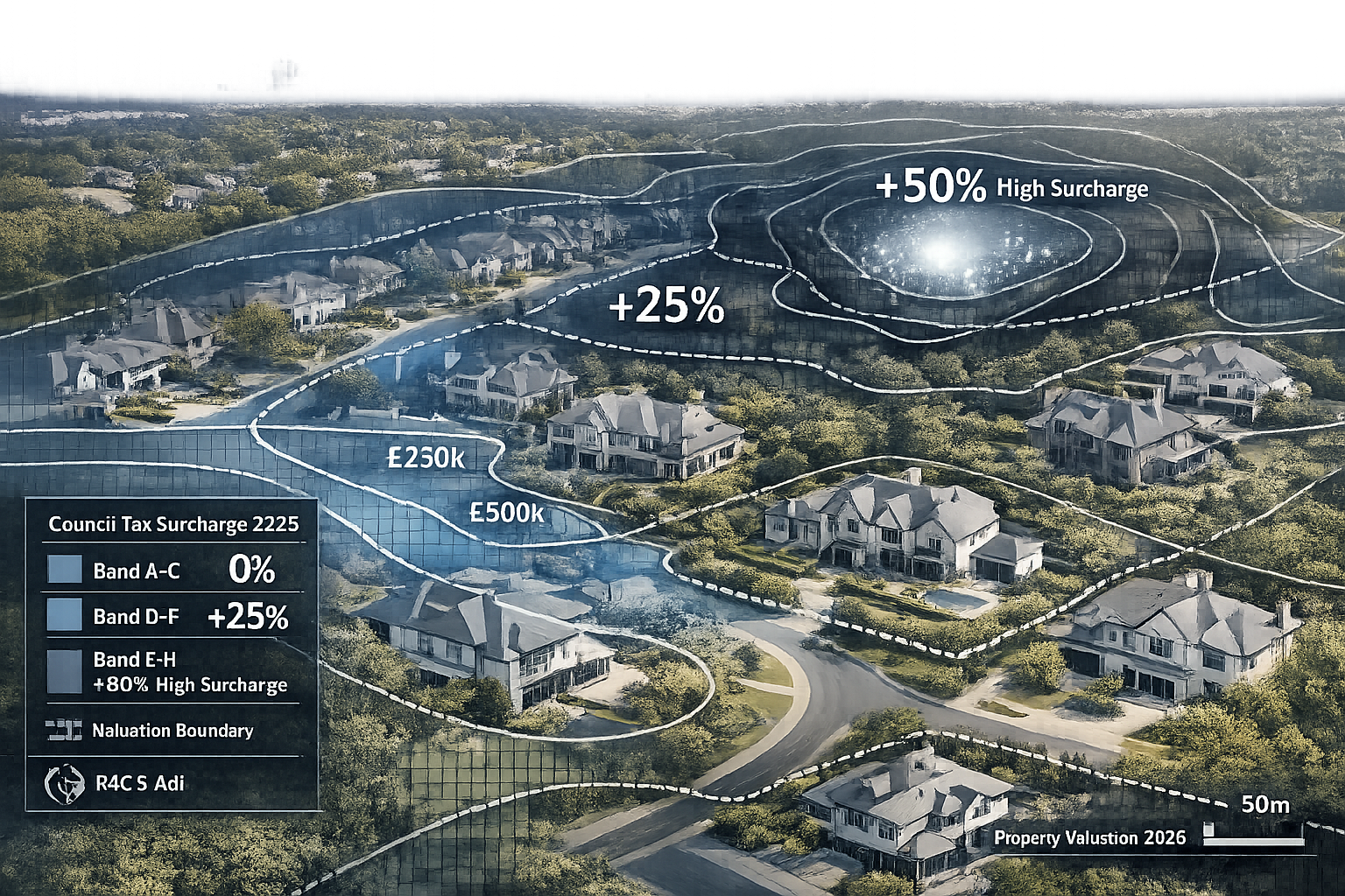 Council Tax Surcharge Landscape visualization featuring aerial drone perspective of upscale residential neighborhood,
