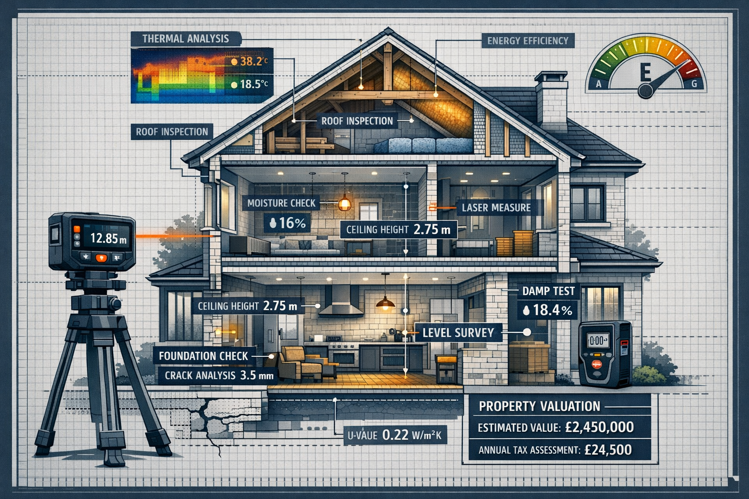 Building Survey technical illustration showing cross-sectional architectural rendering of high-value property. Detailed