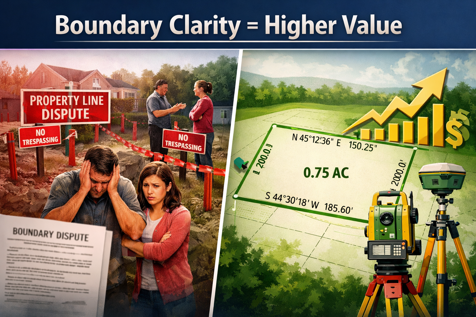 () editorial infographic-style image showing a split-scene composition: left side depicts a property boundary dispute with
