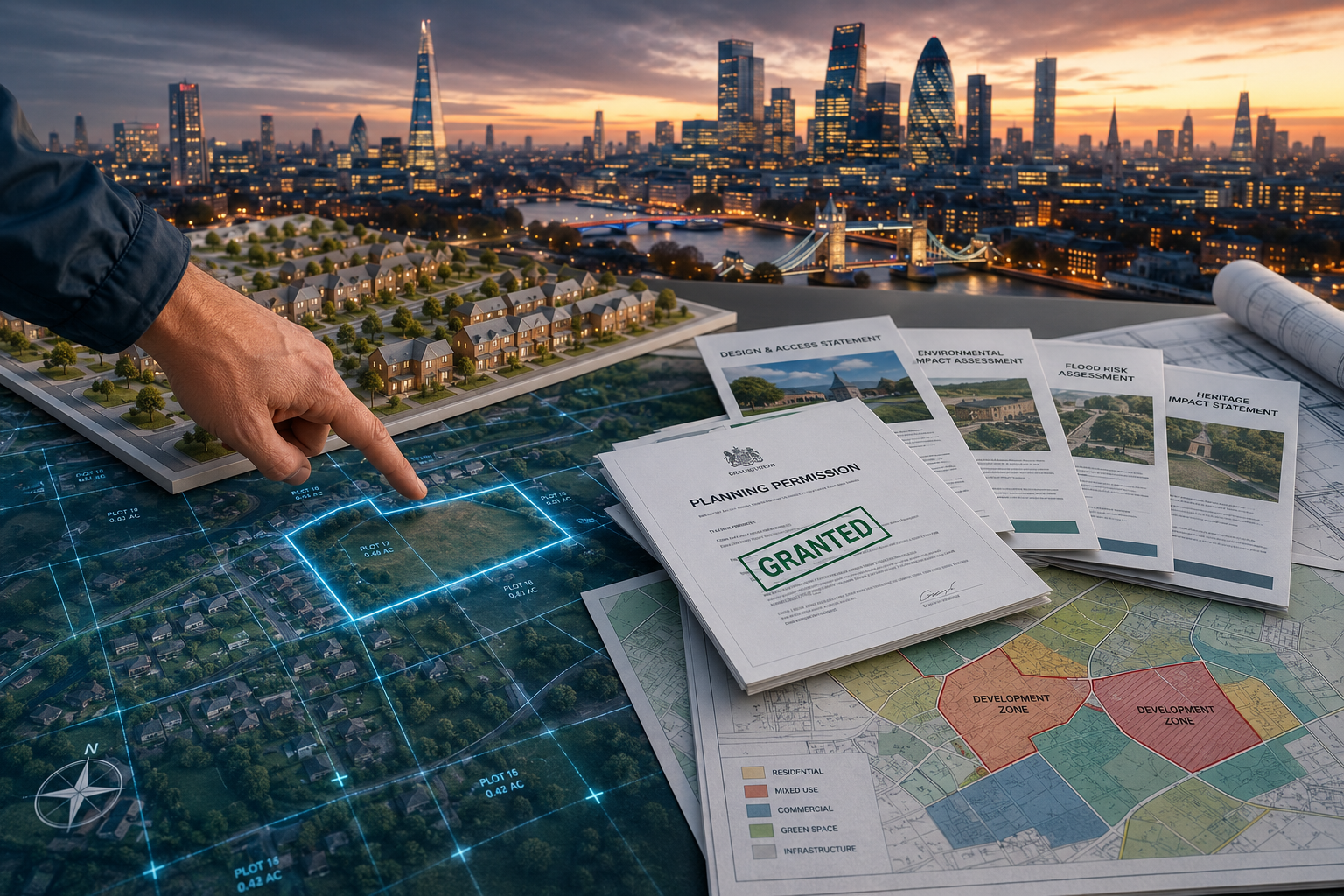 () showing a bird's-eye architectural planning scene: a UK plot of land with survey grid overlaid in glowing blue lines,