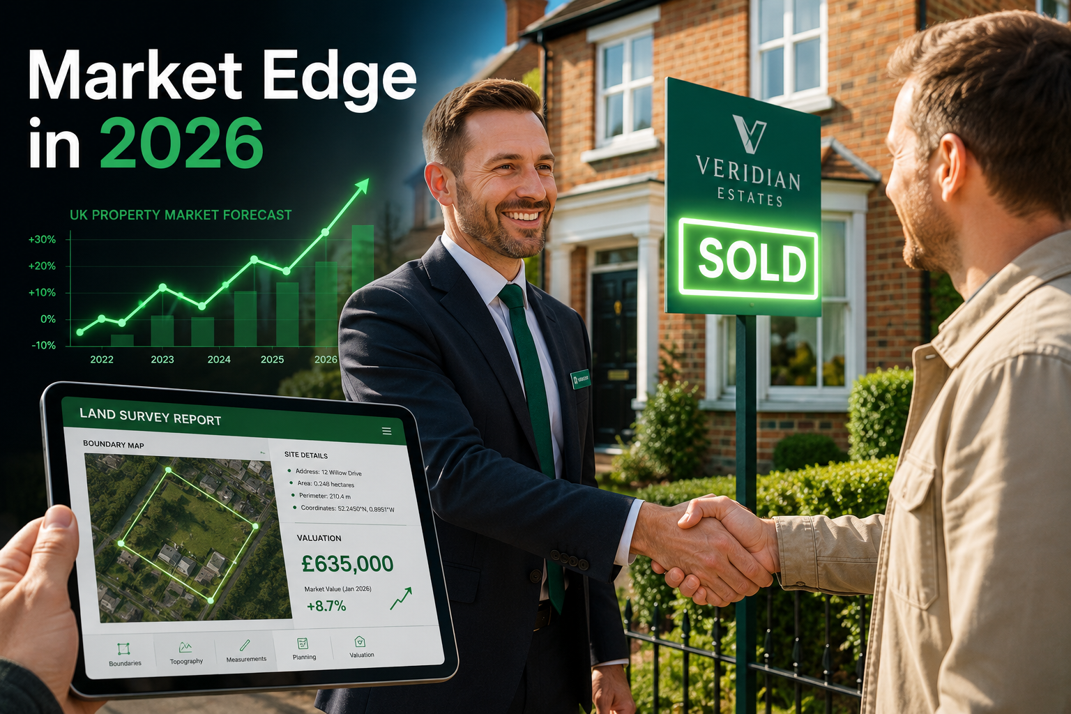 () dynamic real estate market scene: a UK estate agent shaking hands with a buyer outside a well-presented brick property,