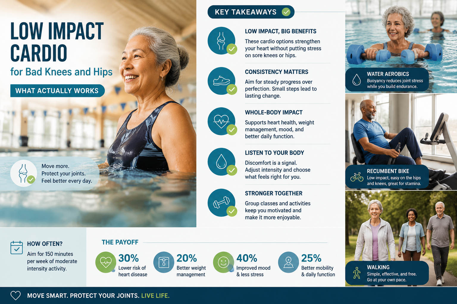 Professional infographic for article "Low Impact Cardio for Bad Knees and Hips: What Actually Works", section: "Key