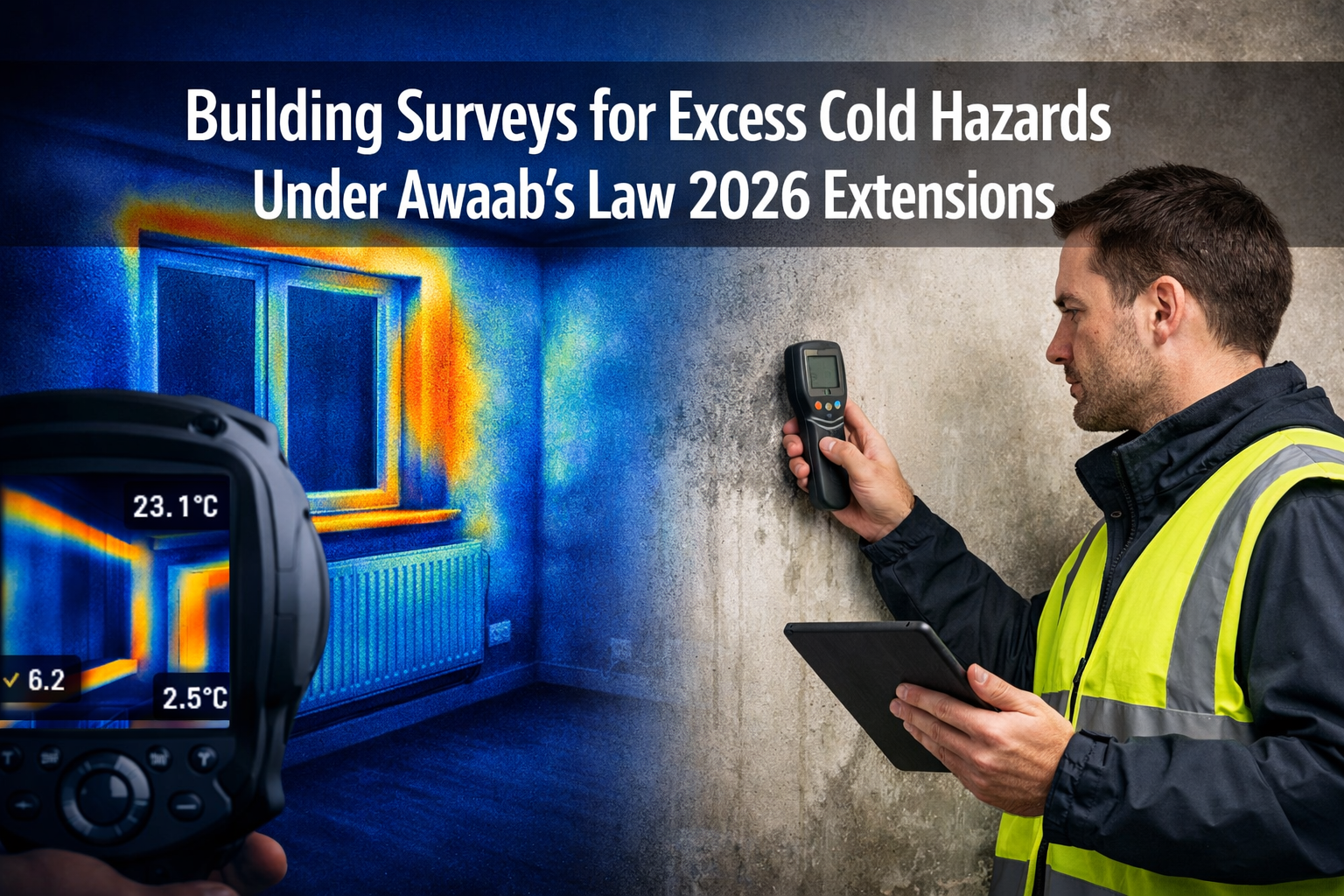 Professional () hero image with 'Building Surveys for Excess Cold Hazards Under Awaab's Law 2026 Extensions' in extra large
