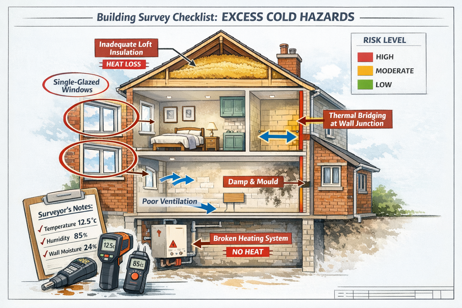() technical illustration of comprehensive building survey checklist for excess cold hazards showing cutaway cross-section