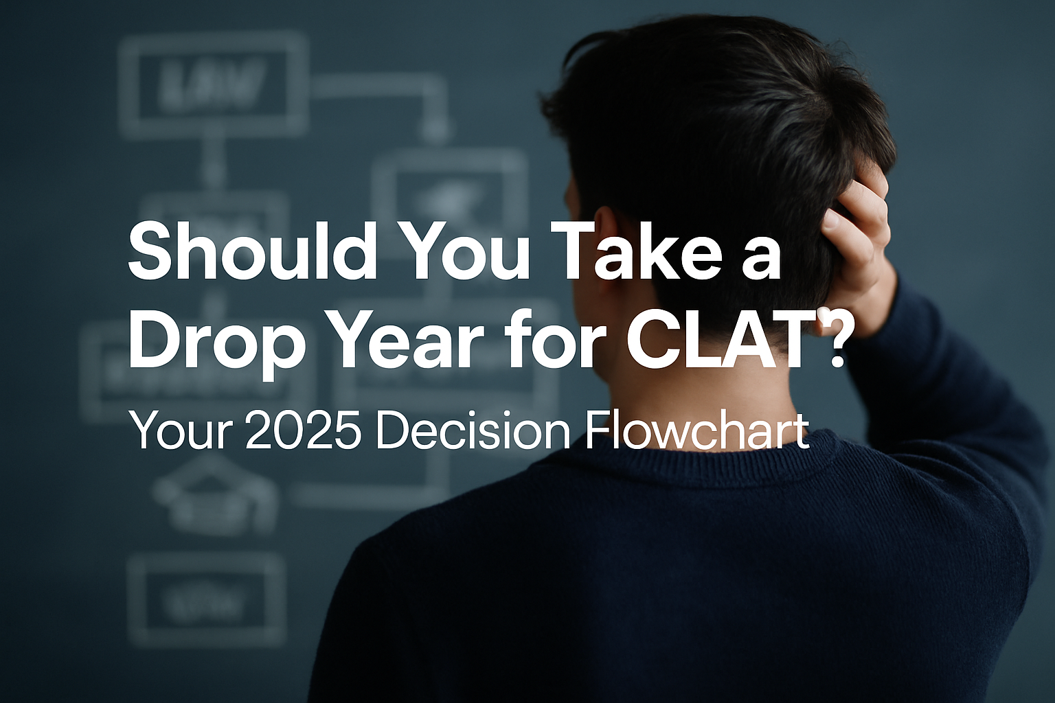 Professional landscape hero image (1536x1024) with bold text overlay: 'Should You Take a Drop Year for CLAT? Your 2025 Decision Flowchart', 