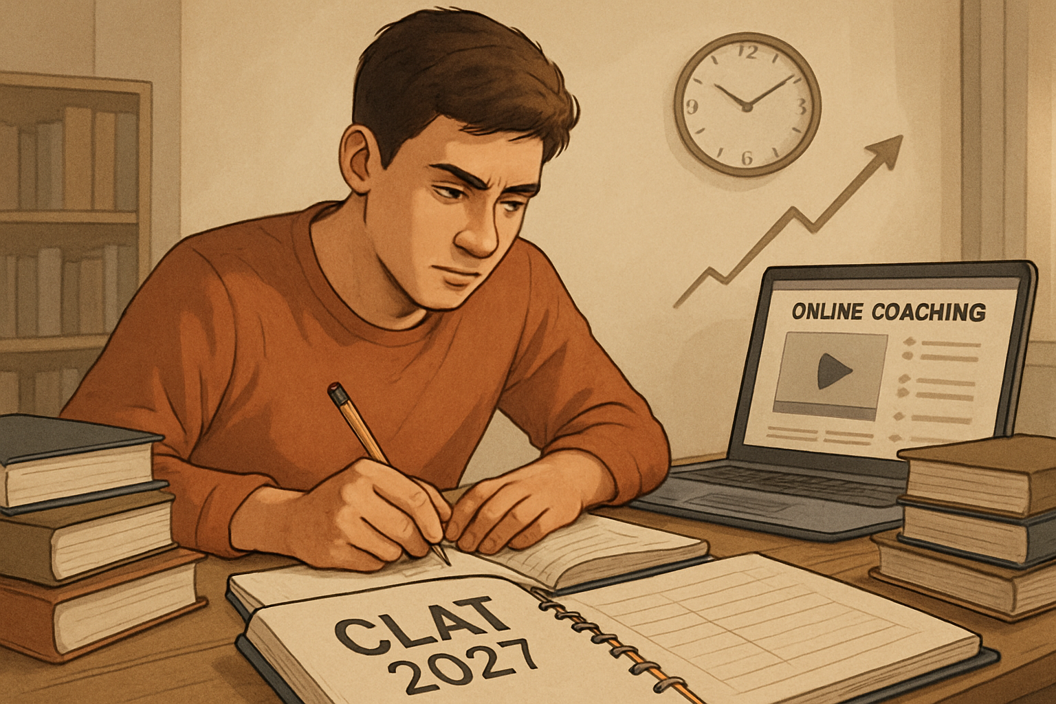 An illustrative scene depicting a motivated student diligently studying CLAT materials in a focused home environment, surrounded by books an