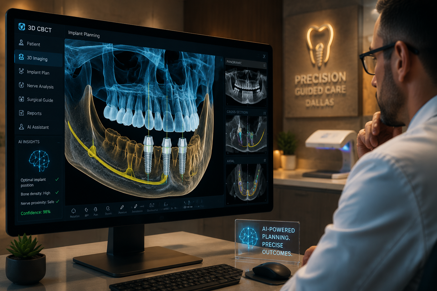 () image illustrating advanced dental imaging, specifically focusing on a 3D cone-beam CT scan. The image shows a glowing