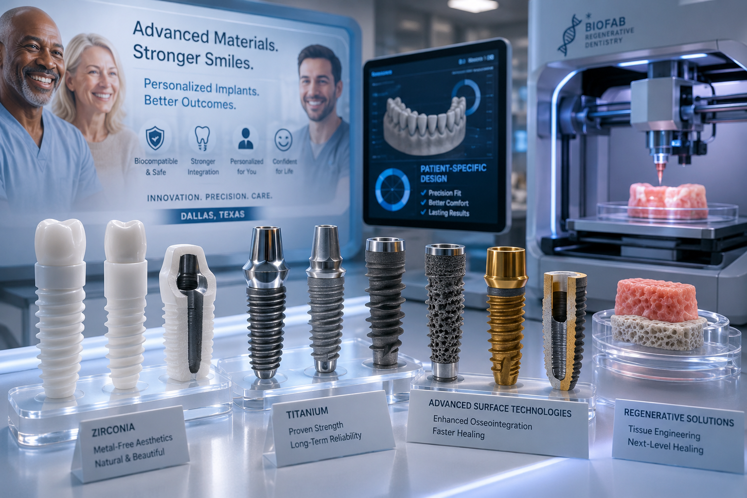 () image showcasing a diverse array of innovative dental implant materials and designs. The foreground features highly
