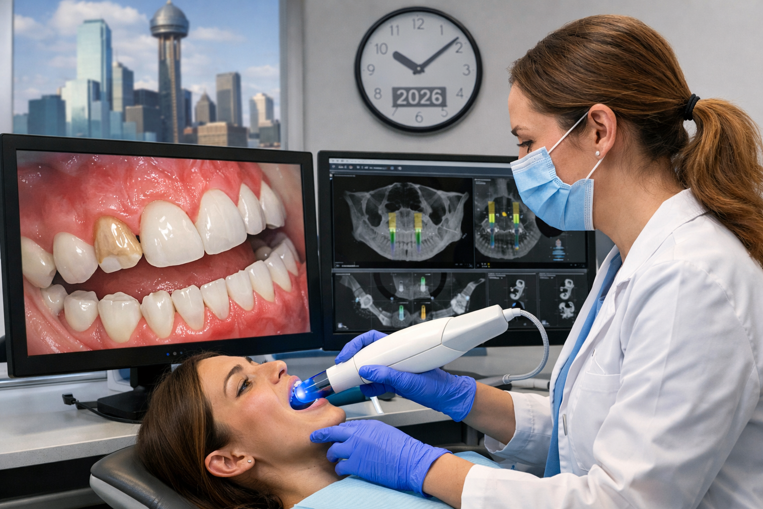 Detailed () image illustrating a dental professional interacting with a high-resolution 3D intraoral scanner, capturing