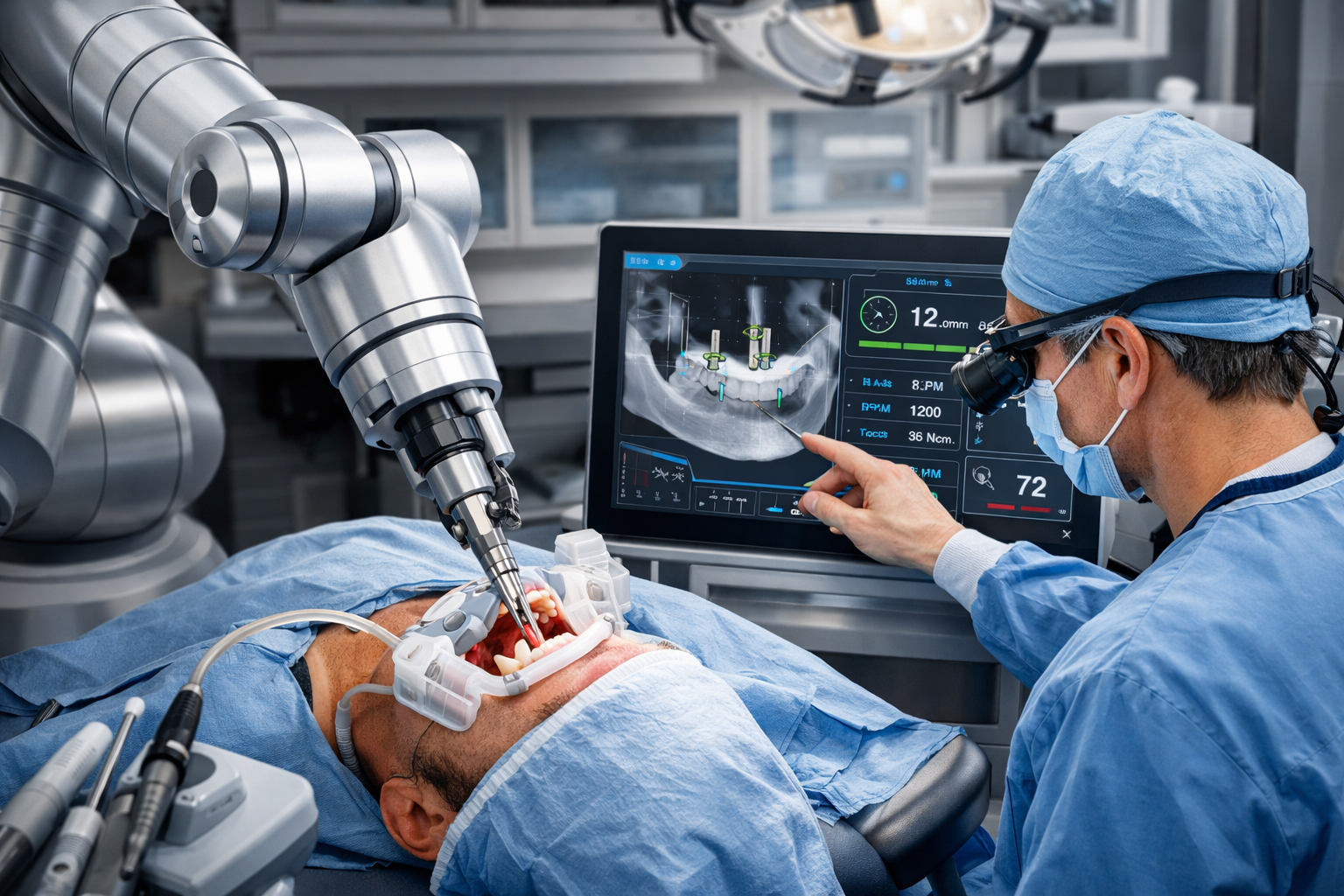 A sophisticated () image focusing on robotic-assisted dental implant surgery. A robotic arm, sleek and metallic, is