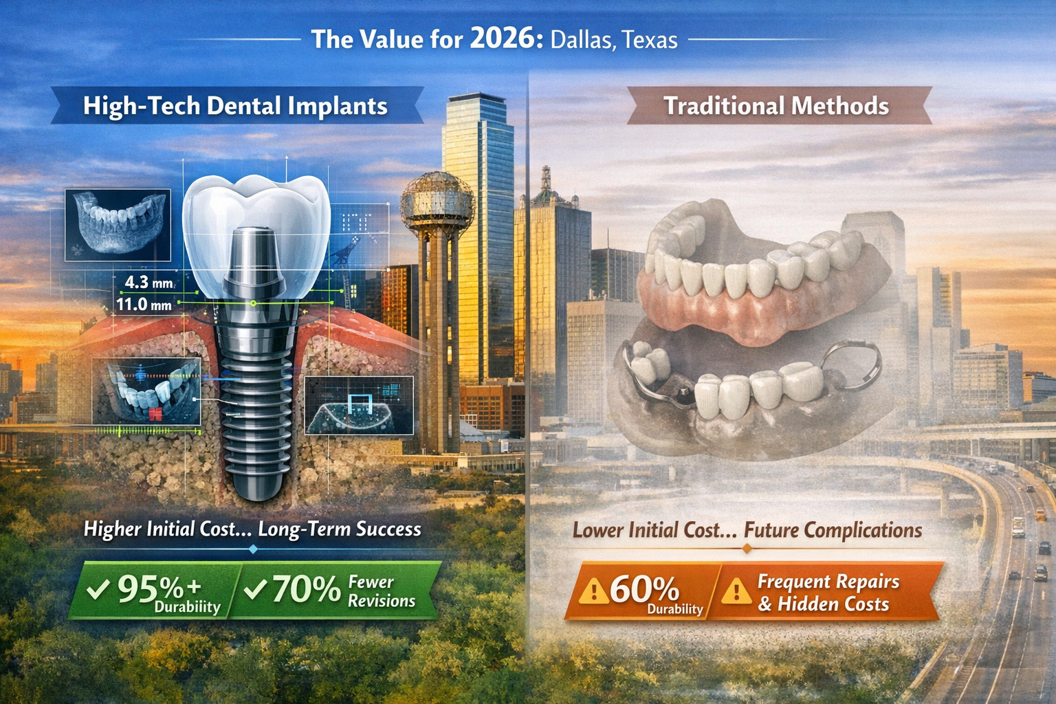 A () infographic contrasting the long-term value of technologically advanced dental implants with traditional methods. One
